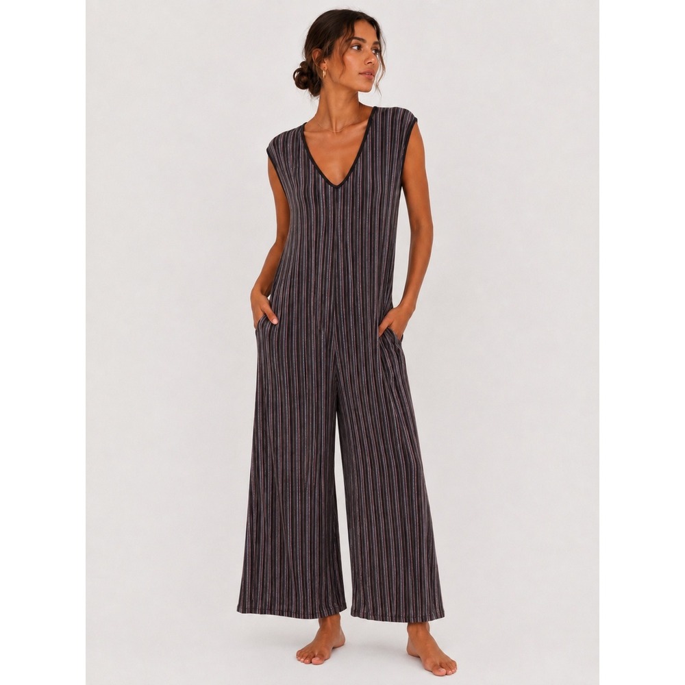 LuLaRoe Natalie Jumpsuit Black Gray Striped Wide Leg Sleeveless 2XL NWT New